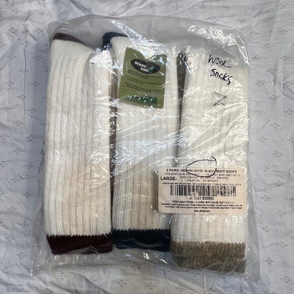 3 Pairs Merino Wool Blend Boot Socks Large 10-12.5 White Multicolor  Made In USA - Picture 1 of 5